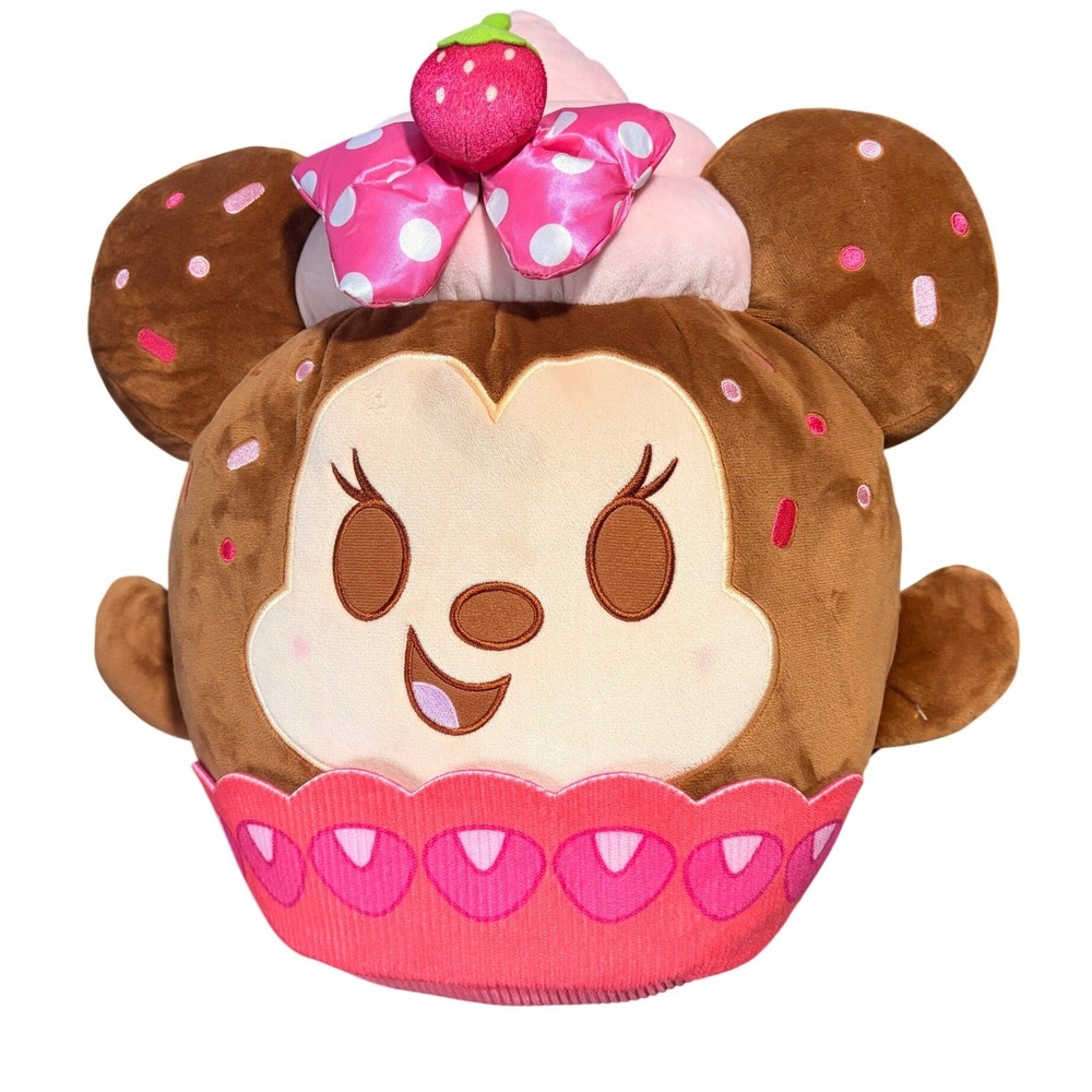 Disney Minnie Mouse Cupcake Plush Brown Pink Sprinkles Strawberry Bow jumbo 15"